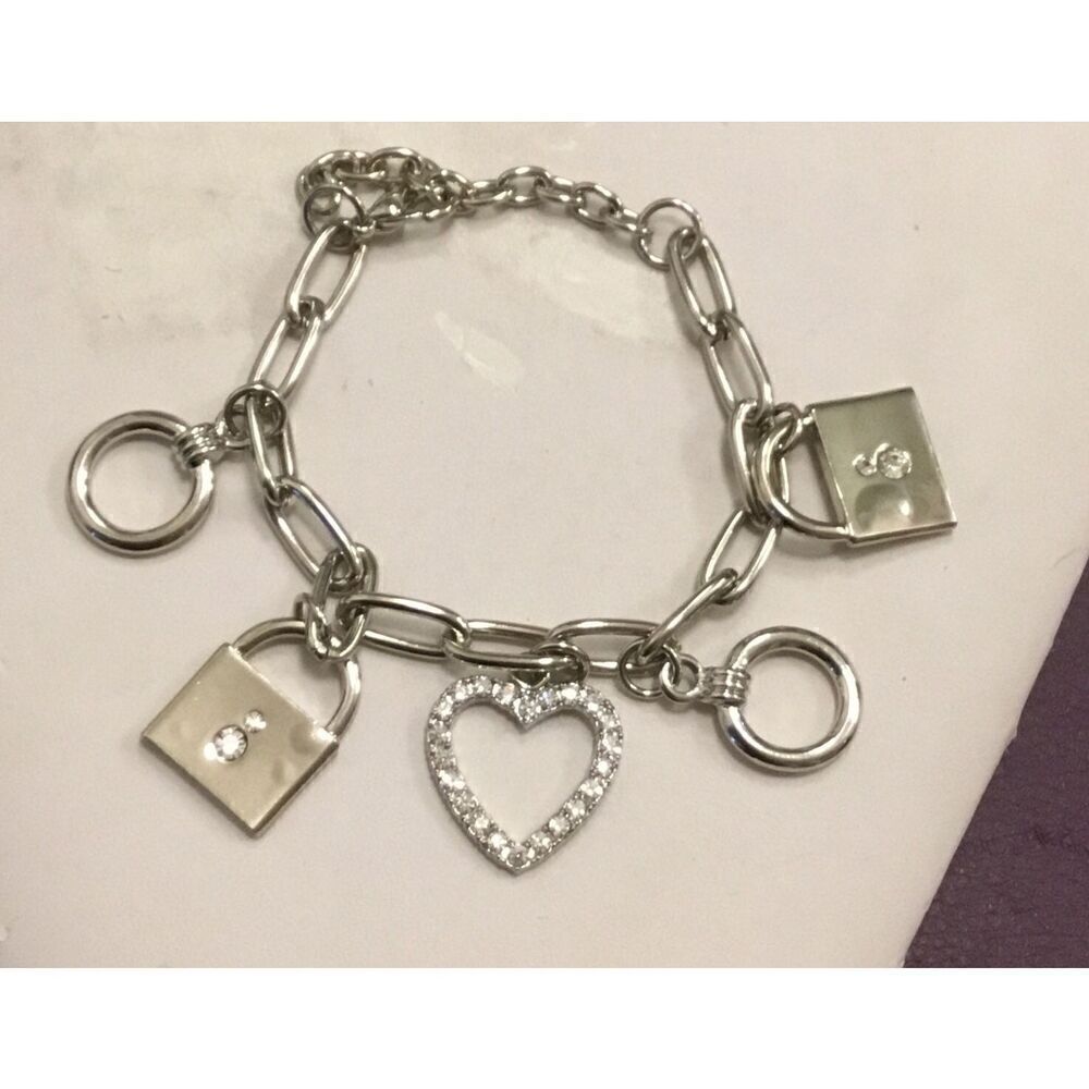 Pretty New Silver Padlock & Hearts Rhinestone Charm Bracelet
